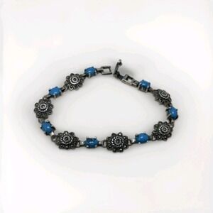 Vintage 925 Sterling Silver Turquoise Floral Link Bracelet Southwestern Boho...